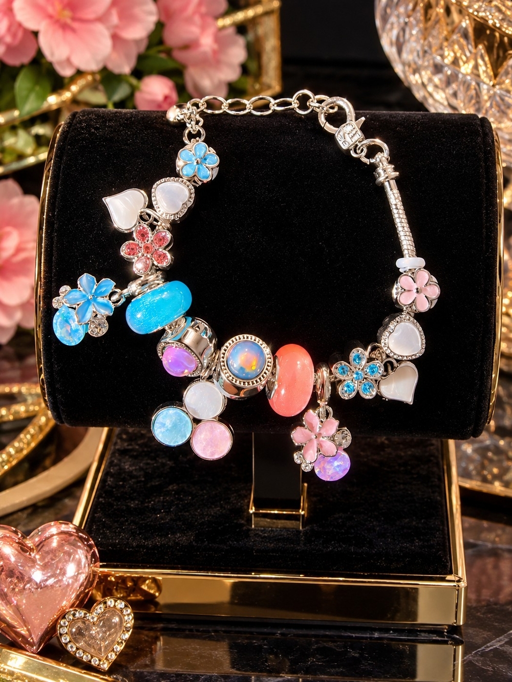 Multicolor Floral Charm Bracelet - Pink Blue Coral And More!
